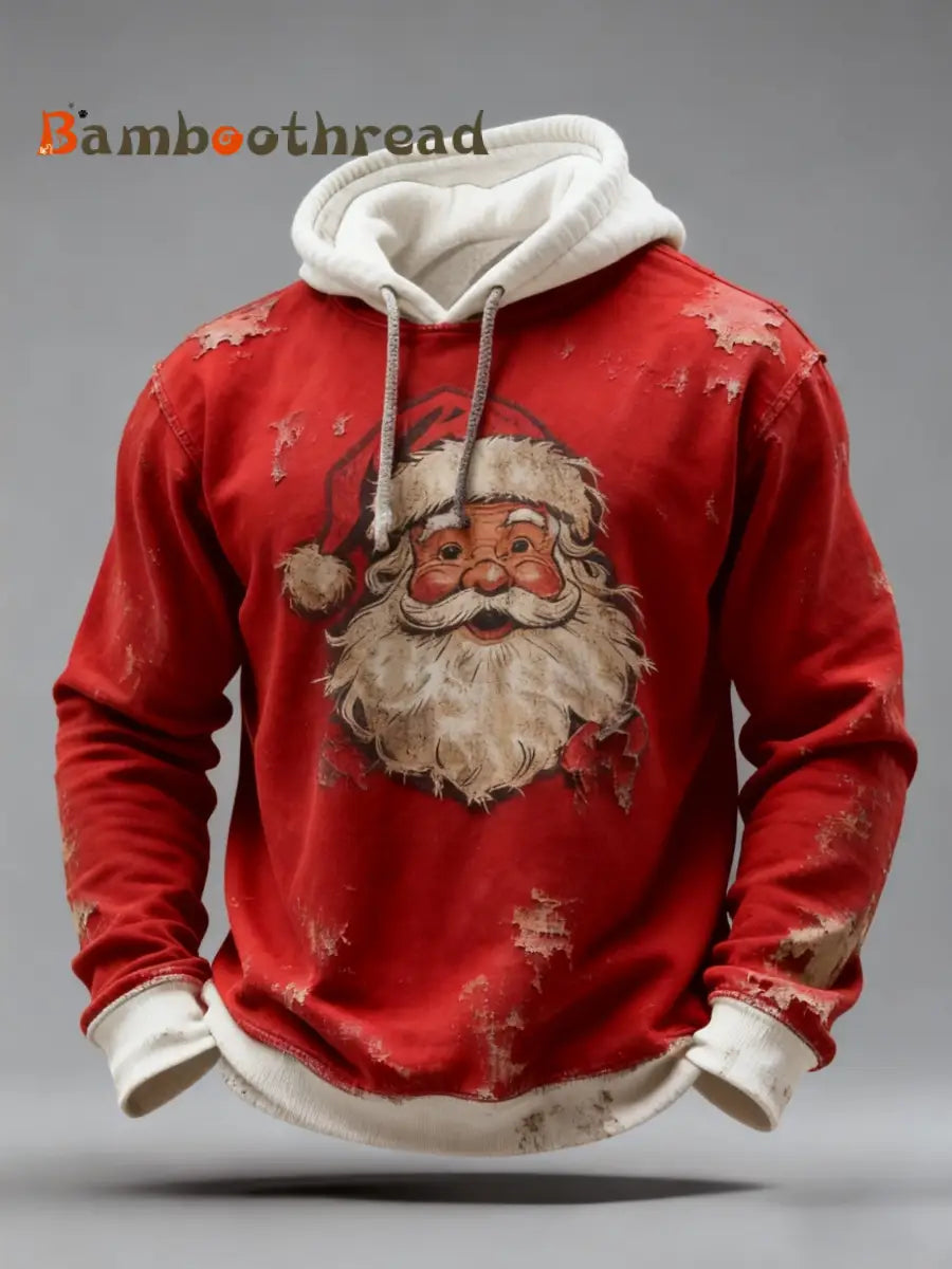 Vintage Christmas Santa Claus Distressed Patchwork Print Casual Long Sleeve Hooded Sweatshirt Red / S