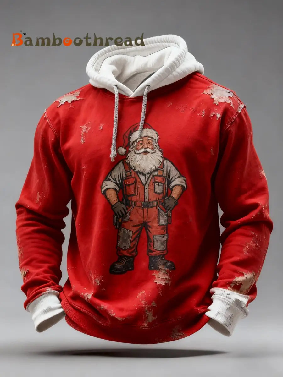 Vintage Christmas Santa Claus Distressed Patchwork Print Casual Long Sleeve Hooded Sweatshirt Red / S