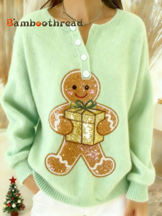 Vintage Christmas Sequin Gingerbread Man Print Comfortable Flannel Sweatshirt Green / S