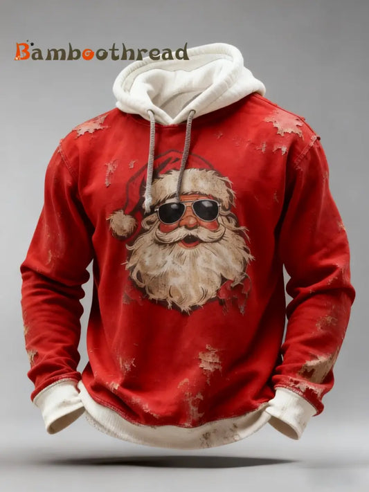 Vintage Christmas Sunglasses Santa Claus Distressed Patchwork Print Casual Long Sleeve Hooded Sweatshirt Red / S