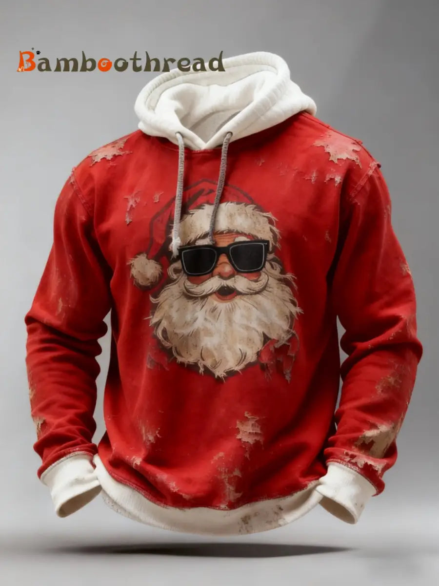 Vintage Christmas Sunglasses Santa Claus Distressed Patchwork Print Casual Long Sleeve Hooded Sweatshirt Red / S