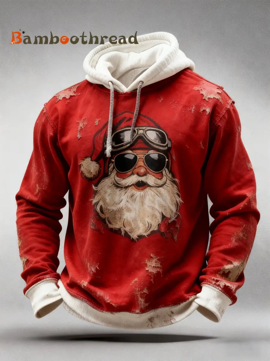 Vintage Christmas Sunglasses Santa Claus Distressed Patchwork Print Casual Long Sleeve Hooded Sweatshirt Red / S