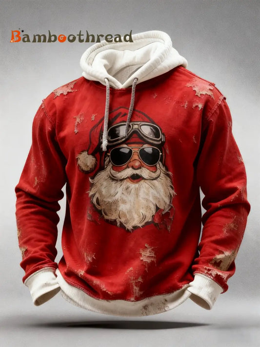 Vintage Christmas Sunglasses Santa Claus Distressed Patchwork Print Casual Long Sleeve Hooded Sweatshirt Red / S
