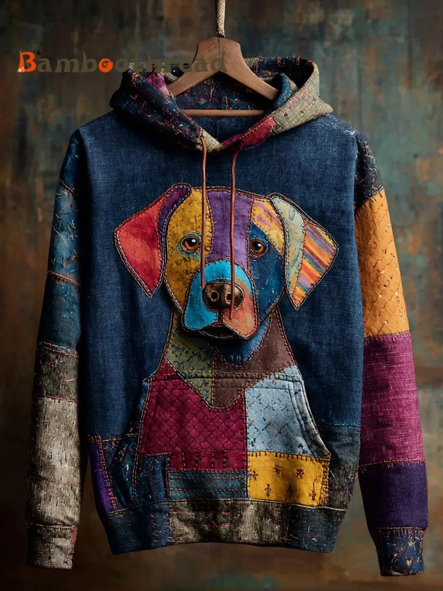 Vintage Patchwork Dog Print Art Casual Hoodie As picture / S