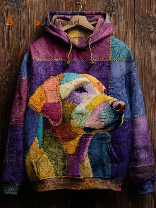 Vintage Patchwork Dog Print Art Casual Hoodie As picture / S