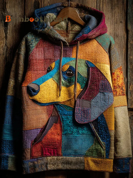 Vintage Patchwork Dog Print Art Casual Hoodie As picture / S