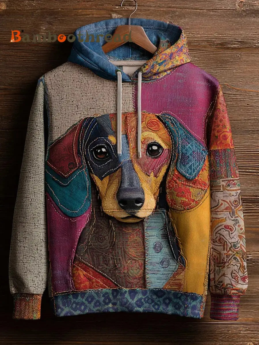 Vintage Patchwork Dog Print Art Casual Hoodie As picture / S