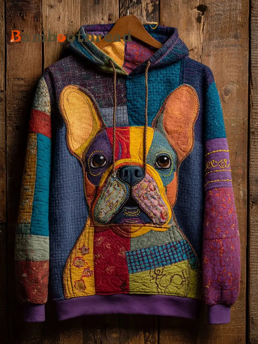 Vintage Patchwork Dog Print Art Casual Hoodie As picture / S