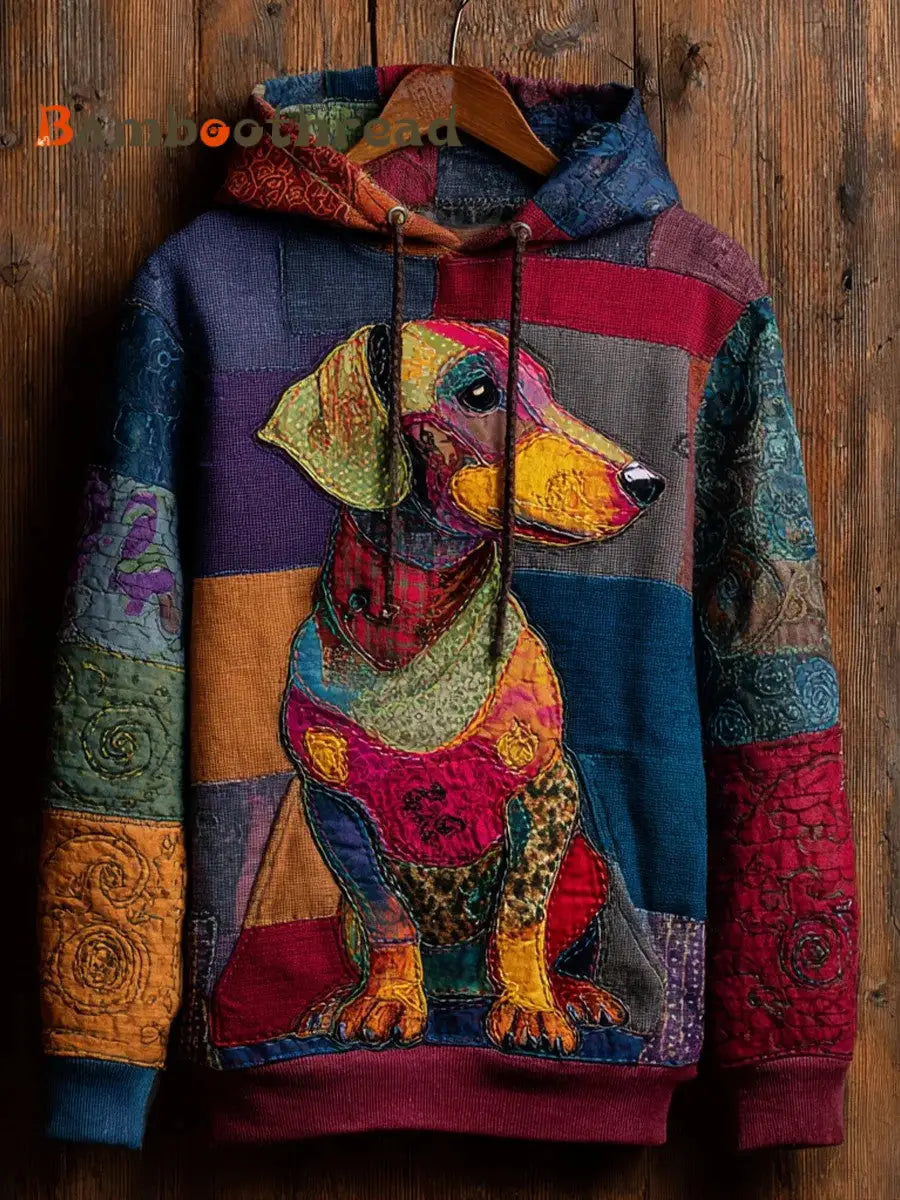 Vintage Patchwork Dog Print Art Casual Hoodie As picture / S