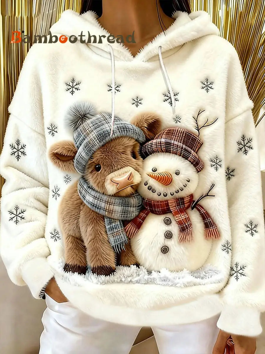Winter Highland Cow Snowman Print Flannel Sweatshirt White / S