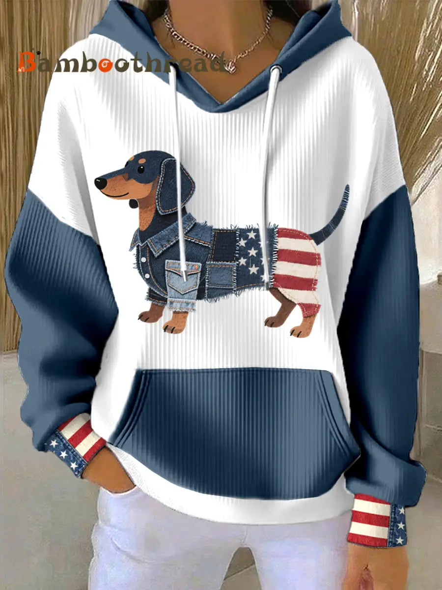 Women’s American Flag Inspired Dachshund Denim Patchwork Pattern Hoodie As picture / S