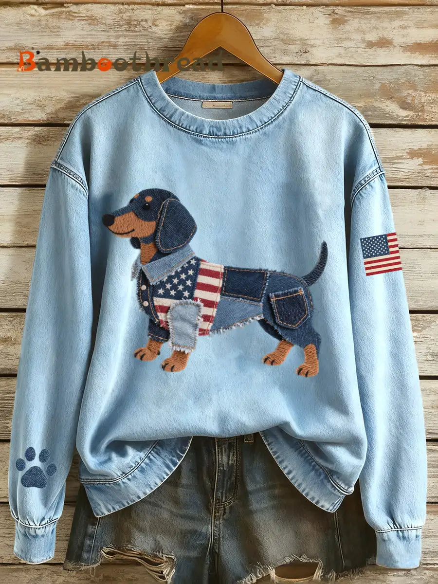 Women’s American Flag Inspired Dachshund Dog Denim Patchwork Pattern Sweatshirt Blue / S
