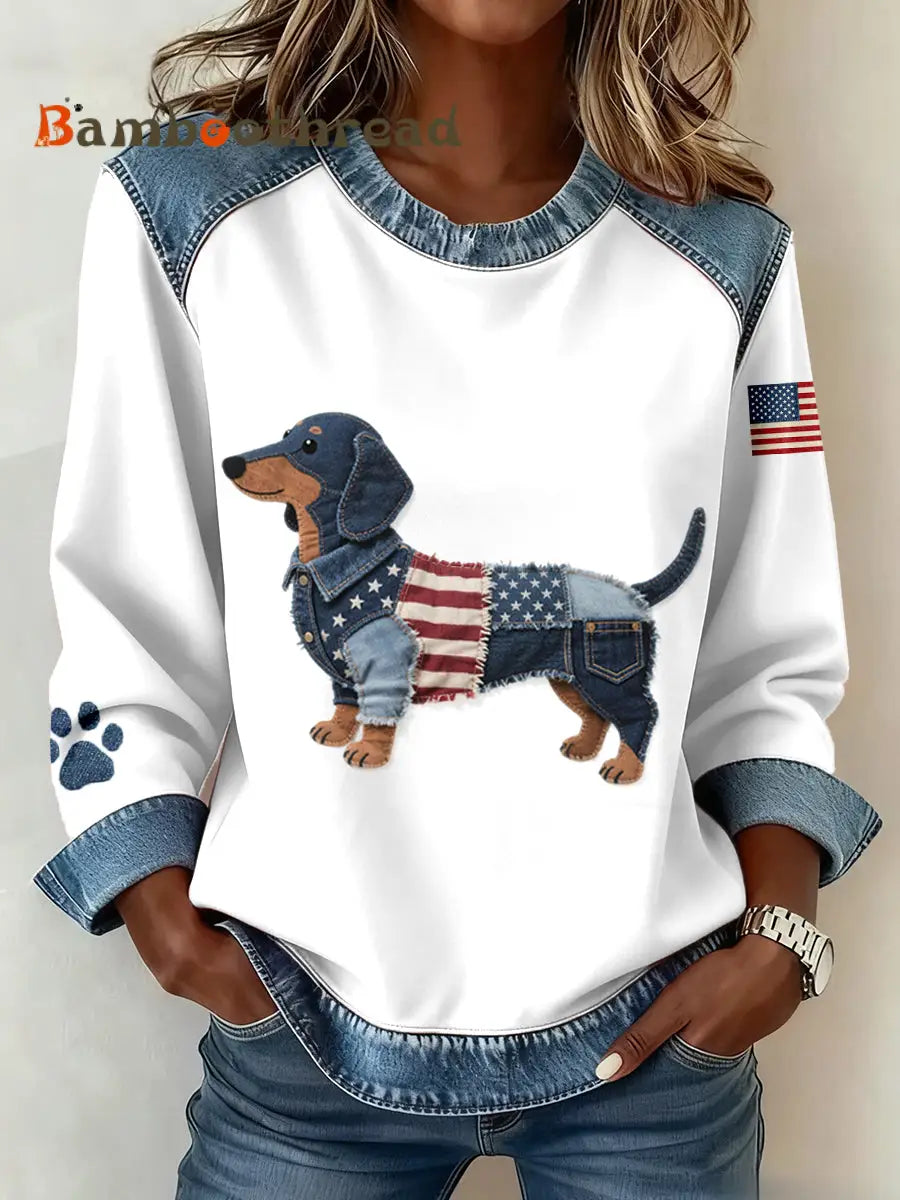 Women’s American Flag Inspired Dachshund Dog Pattern Denim Patchwork Sweatshirt As picture / S