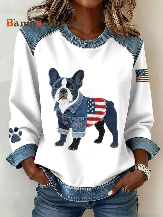Women’s American Flag Inspired French Bulldog Pattern Denim Patchwork Sweatshirt As picture / S