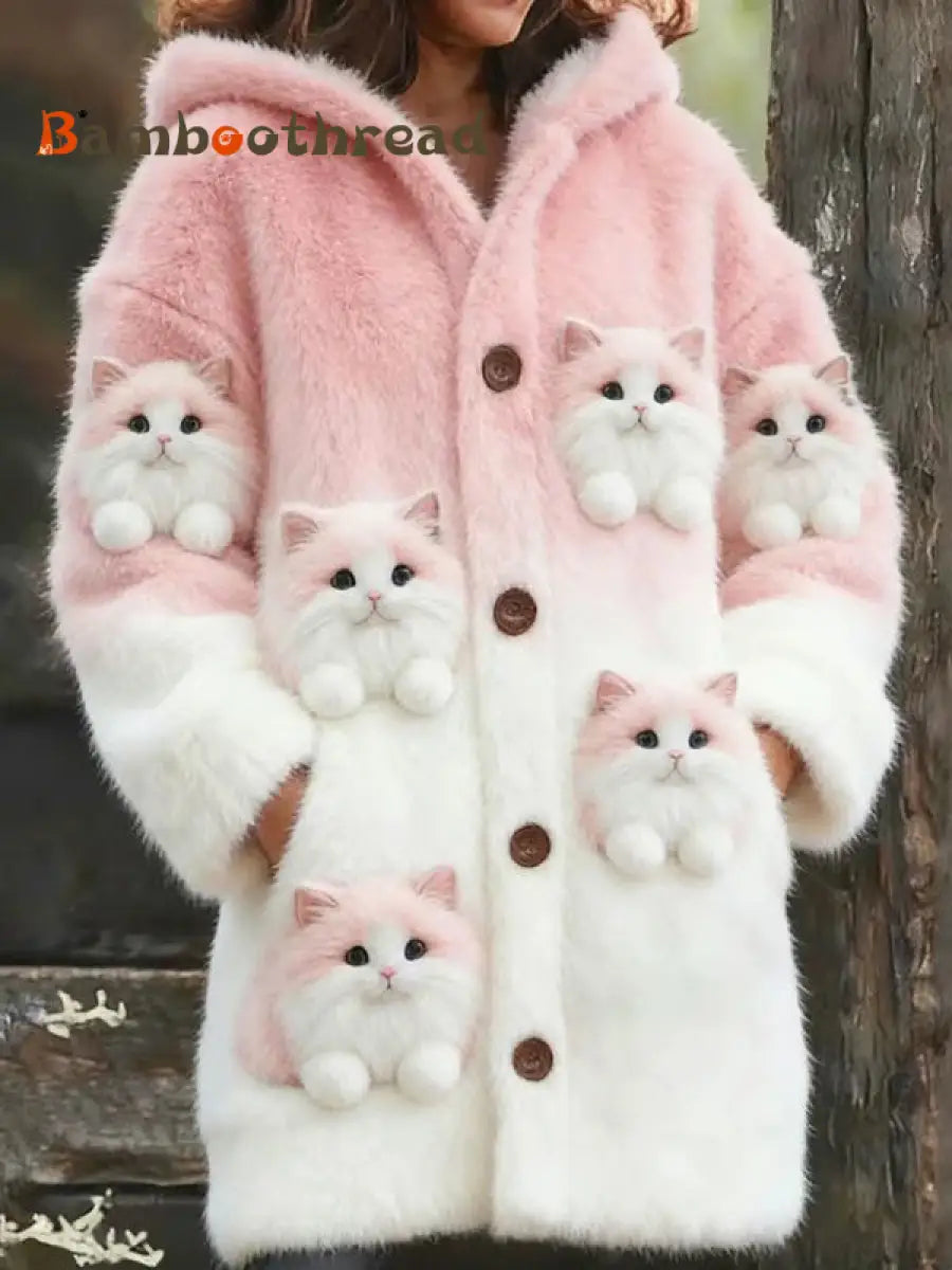 Women’s Animal Cat Print Flannel Warm Jacket As picture / S