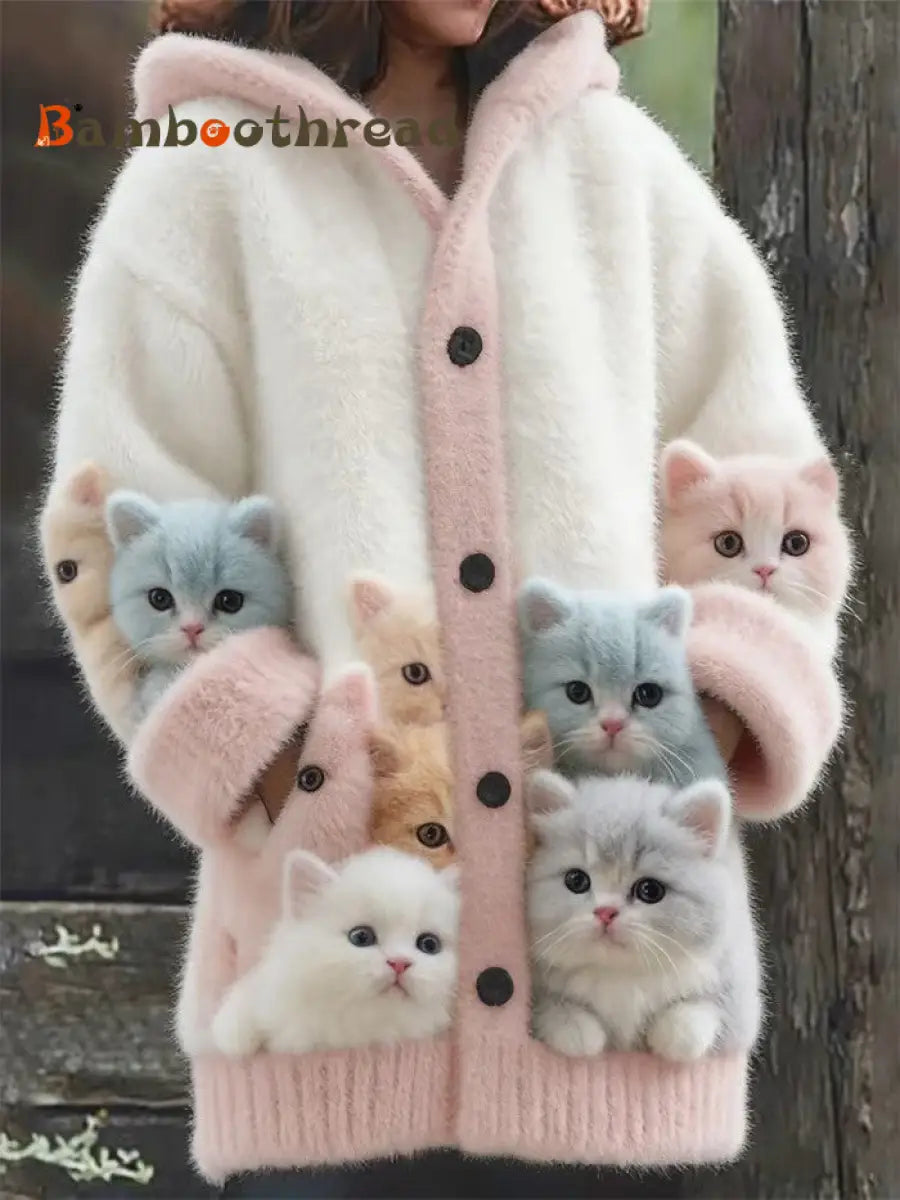 Women’s Animal Cat Print Flannel Warm Jacket As picture / S