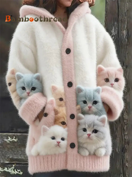 Women’s Animal Cat Print Flannel Warm Jacket As picture / S