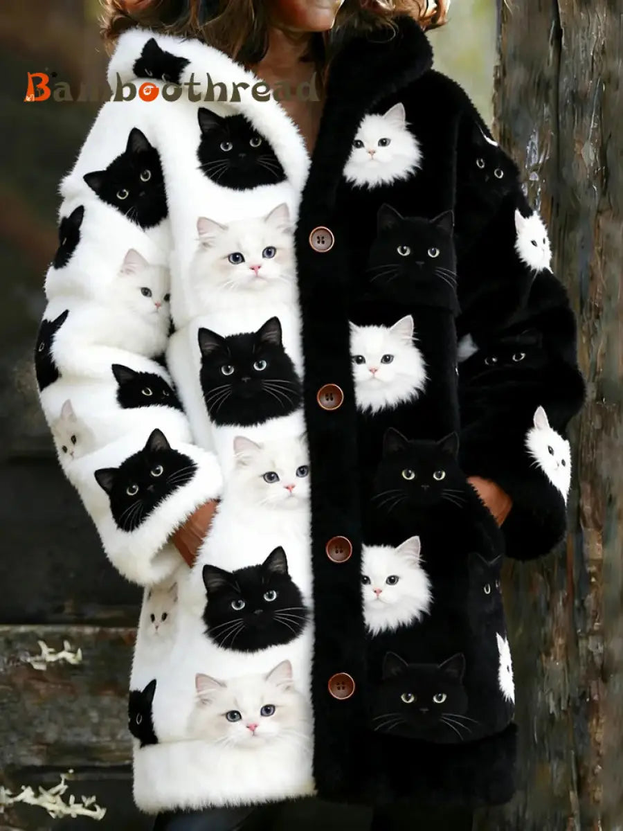 Women’s Animal Cat Print Flannel Warm Jacket As picture / S