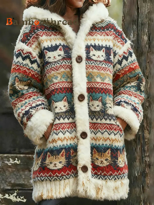 Women’s Animal Cat Print Flannel Warm Jacket As picture / S