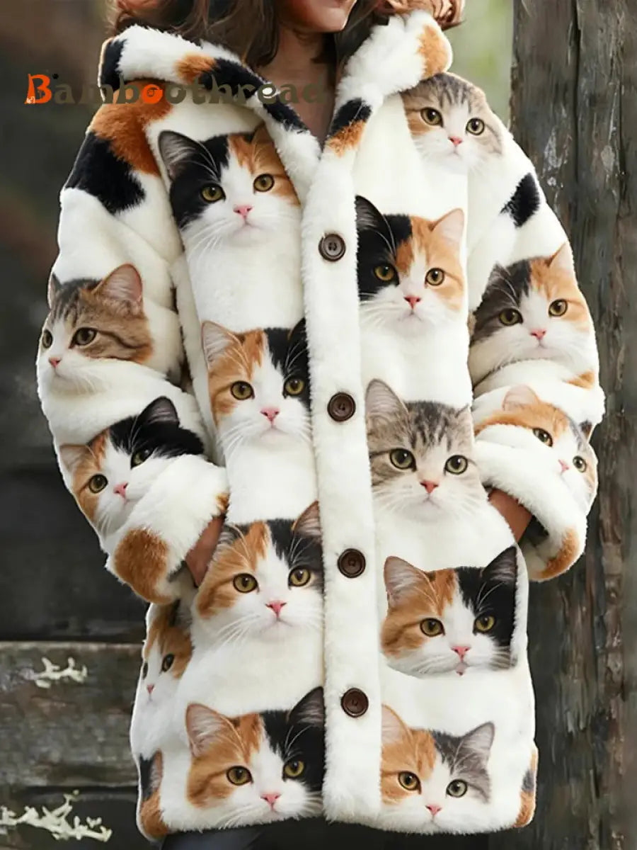 Women’s Animal Cat Print Flannel Warm Jacket As picture / S