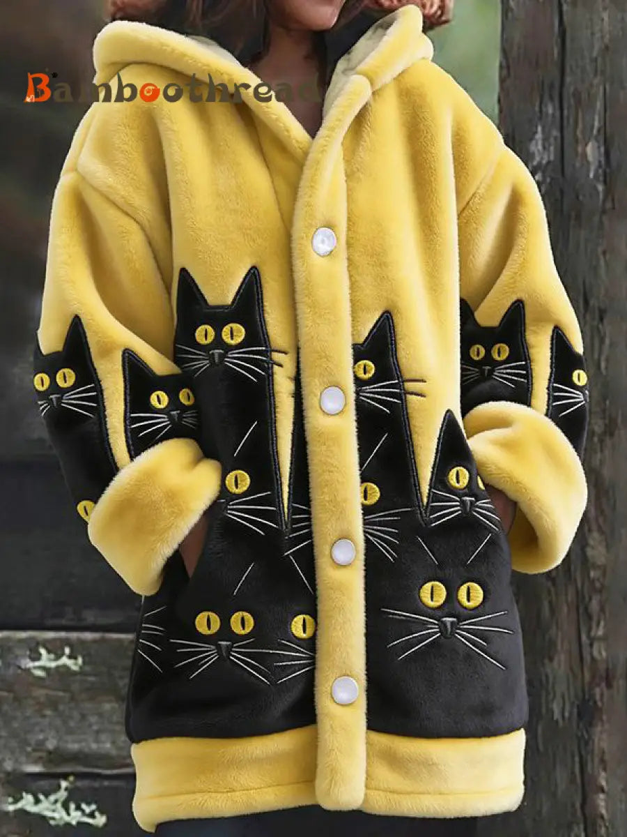 Women’s Animal Cat Print Flannel Warm Jacket As picture / S