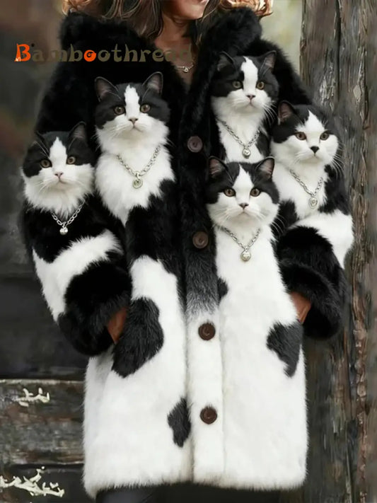 Women’s Animal Cat Print Flannel Warm Jacket As picture / S