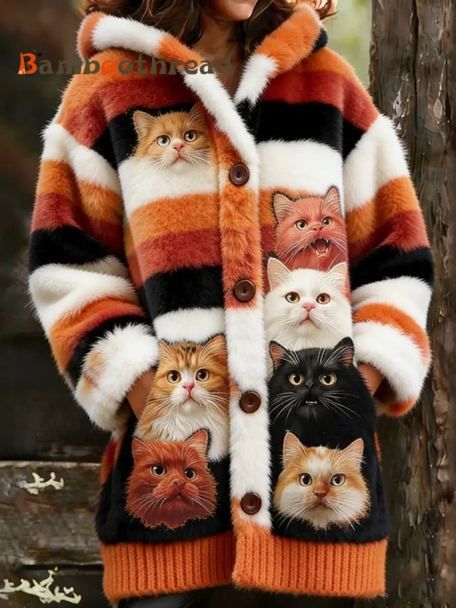 Women’s Animal Cat Print Flannel Warm Jacket As picture / S