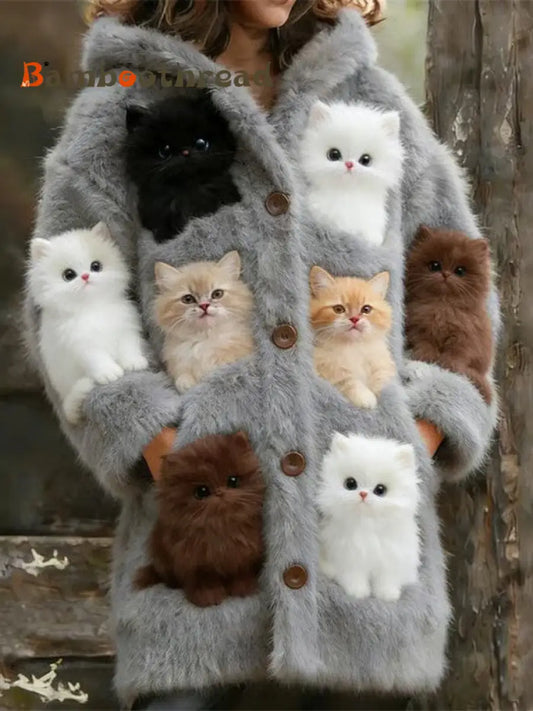 Women’s Animal Cat Print Flannel Warm Jacket As picture / S