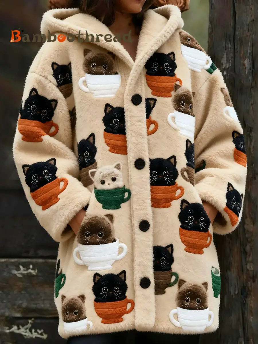 Women’s Animal Cat Print Flannel Warm Jacket As picture / S