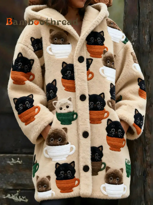 Women’s Animal Cat Print Flannel Warm Jacket As picture / S