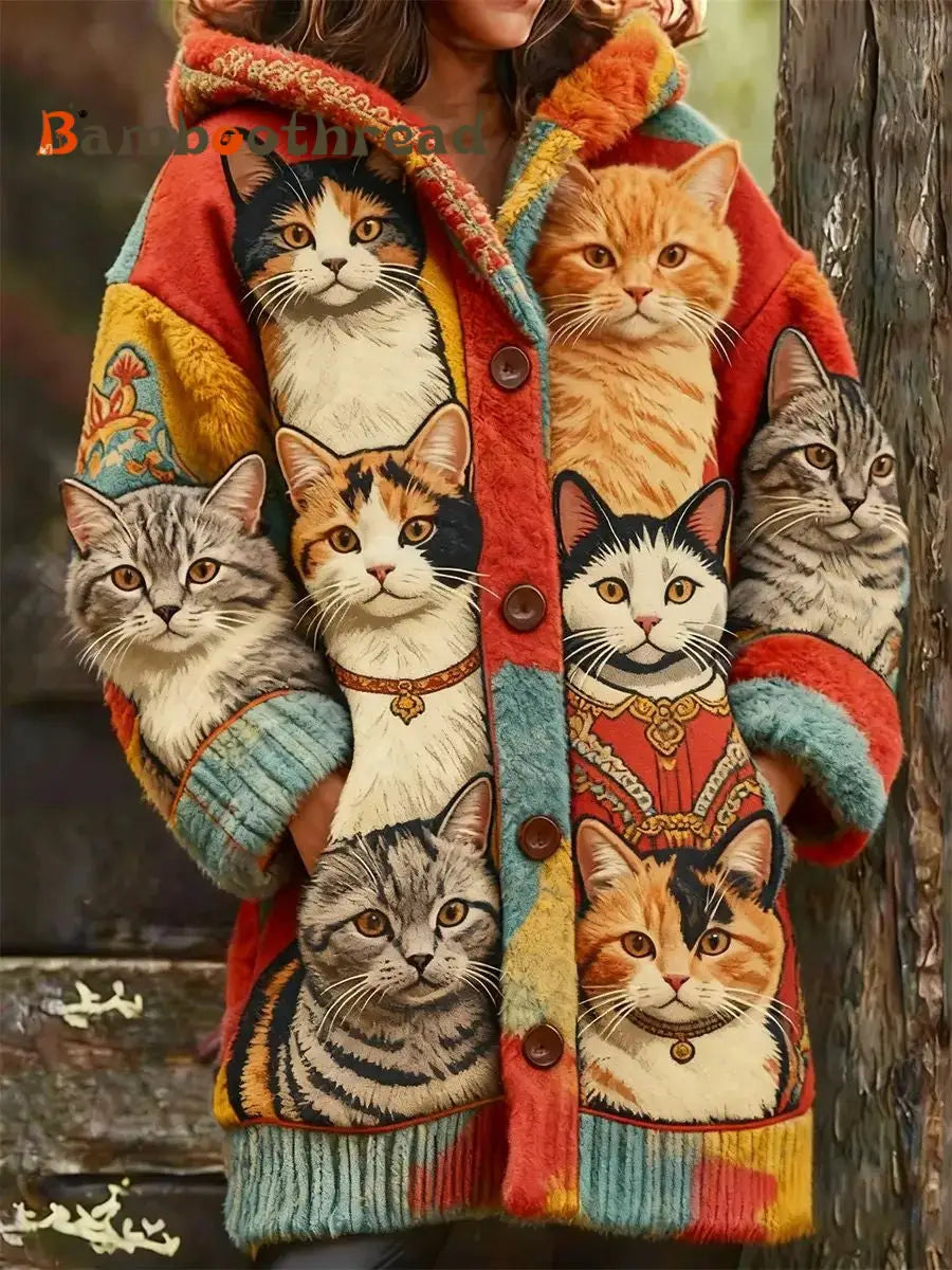 Women’s Animal Cat Print Flannel Warm Jacket As picture / S