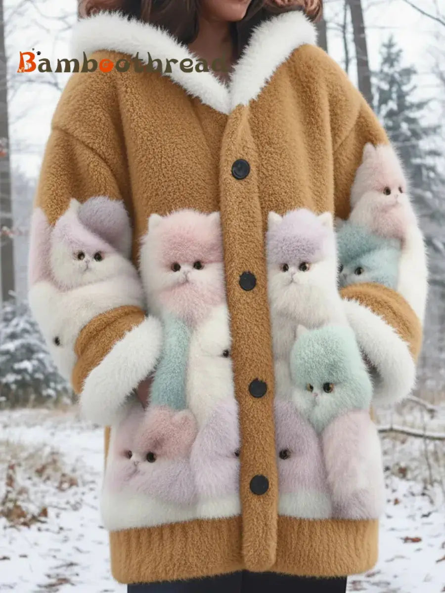 Women’s Animal Cat Print Flannel Warm Jacket As picture / S