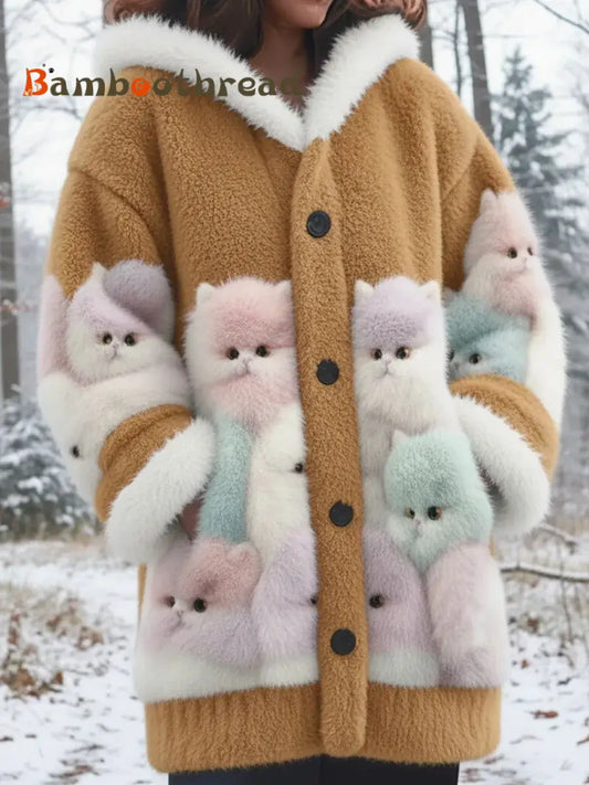 Women’s Animal Cat Print Flannel Warm Jacket As picture / S