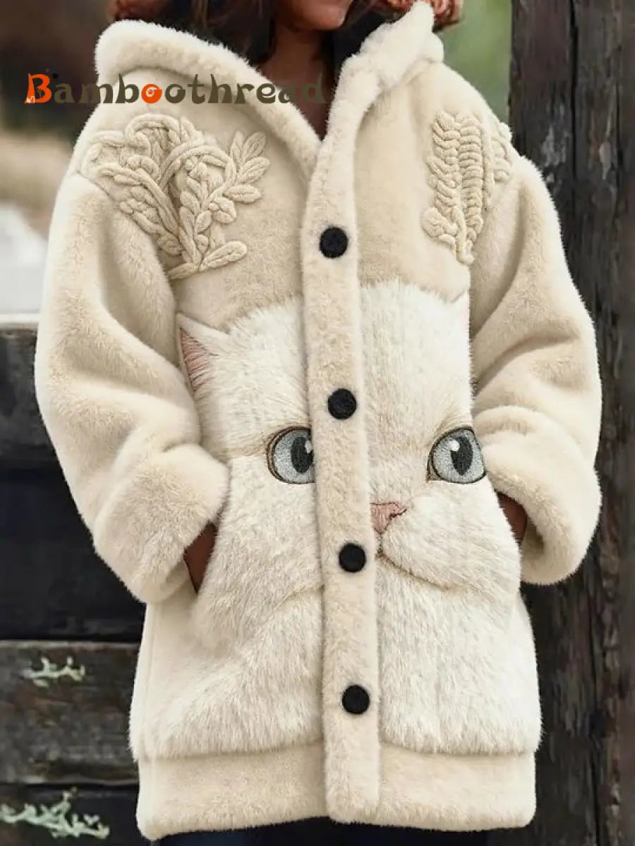 Women’s Animal Cat Print Flannel Warm Jacket As picture / S