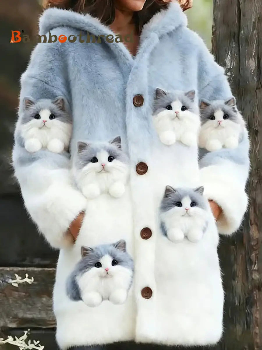 Women’s Animal Cat Print Flannel Warm Jacket As picture / S