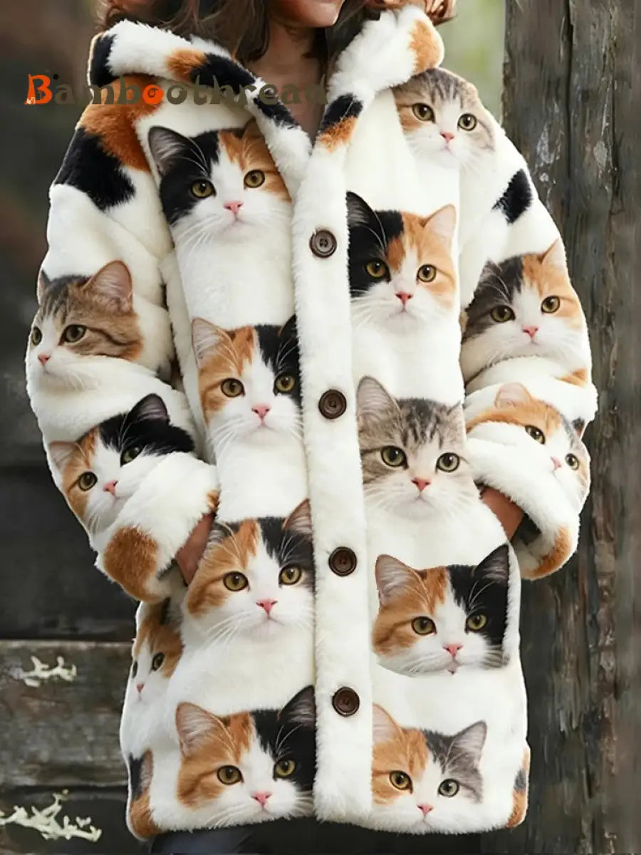 Women’s Animal Cat Print Flannel Warm Jacket As picture / S