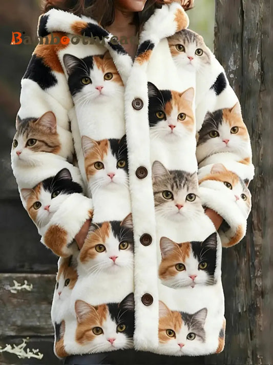 Women’s Animal Cat Print Flannel Warm Jacket As picture / S