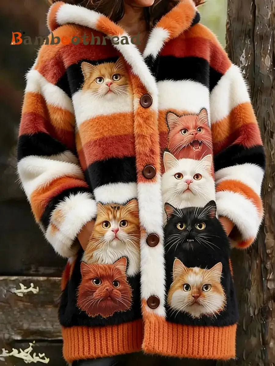 Women’s Animal Cat Print Flannel Warm Jacket As picture / S