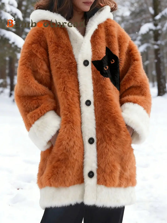 Women’s Animal Cat Print Flannel Warm Jacket As picture / S