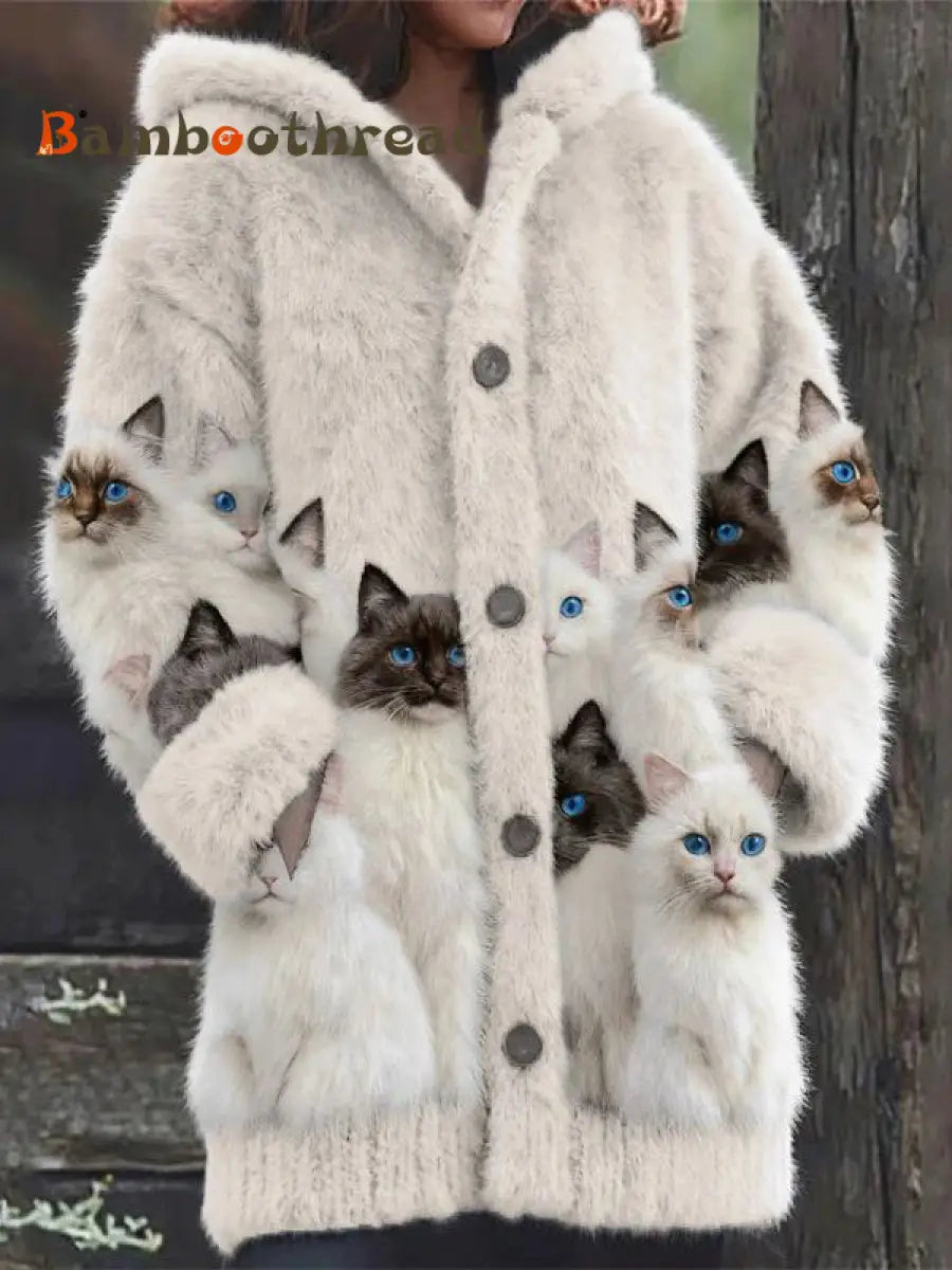 Women’s Animal Cat Print Flannel Warm Jacket As picture / S