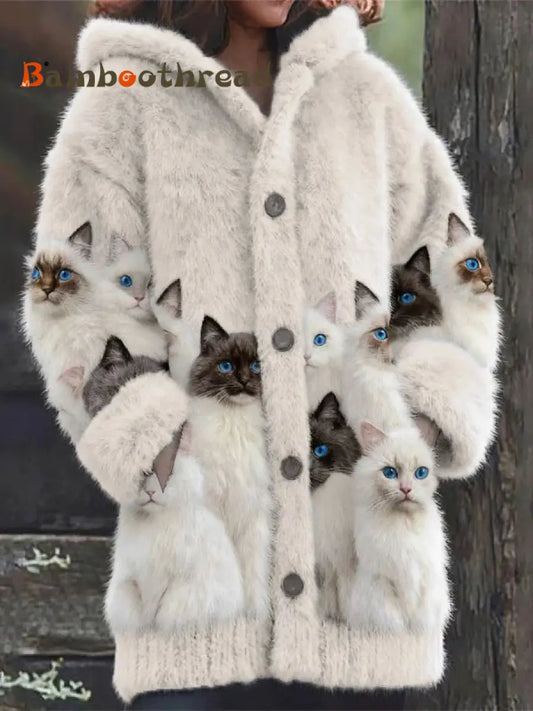 Women’s Animal Cat Print Flannel Warm Jacket As picture / S