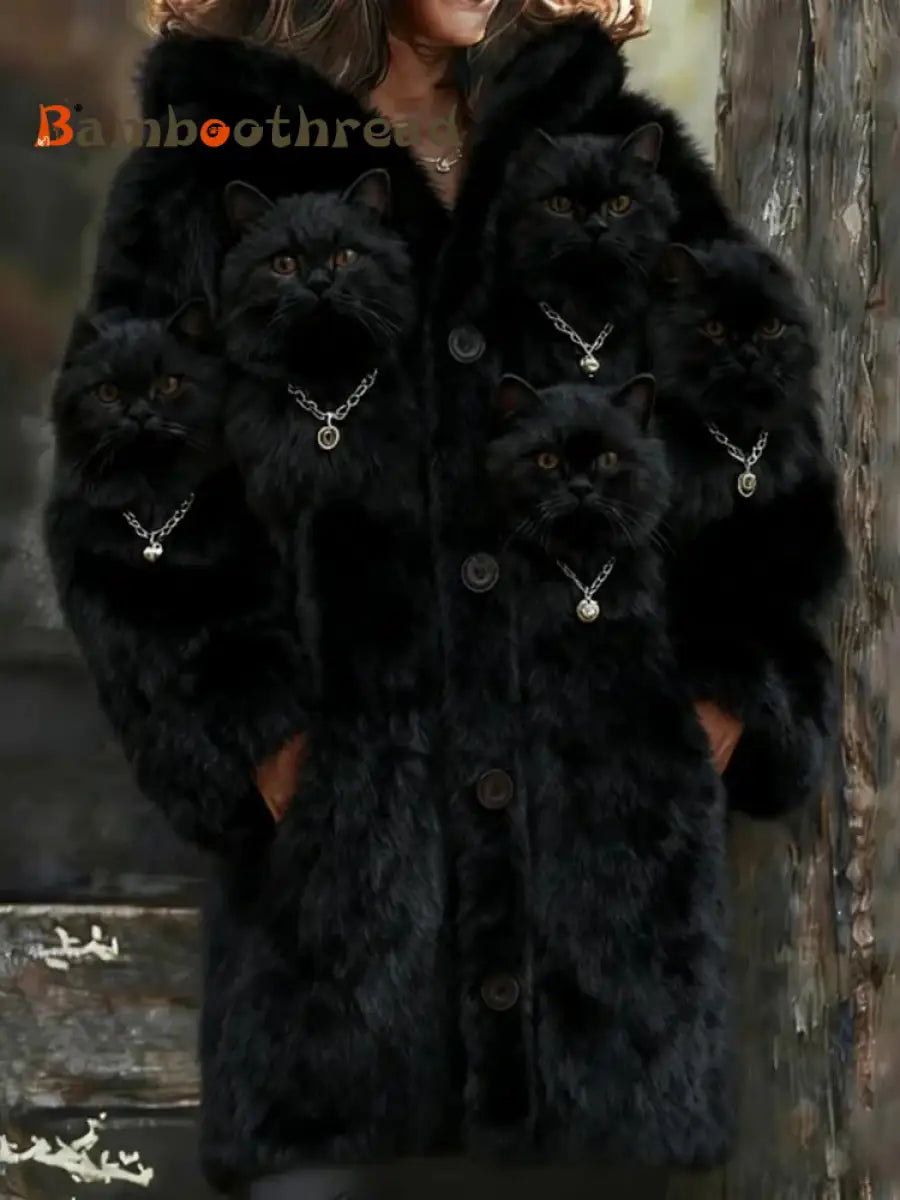 Women’s Animal Cat Print Flannel Warm Jacket Black / S