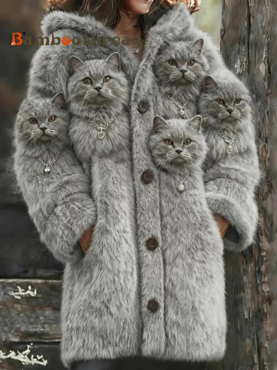 Women’s Animal Cat Print Flannel Warm Jacket Gray / S