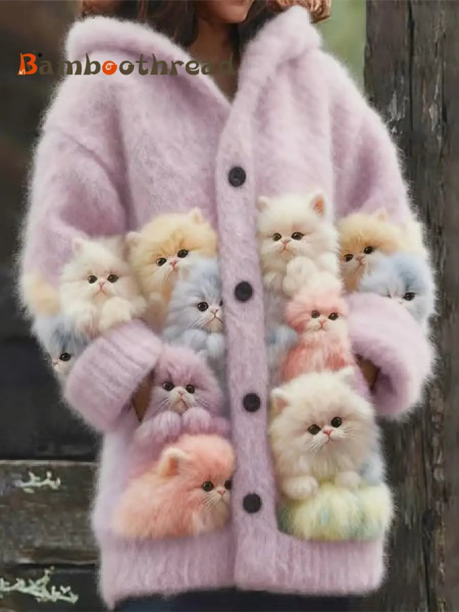 Women’s Animal Cat Print Flannel Warm Jacket Light Purple / S