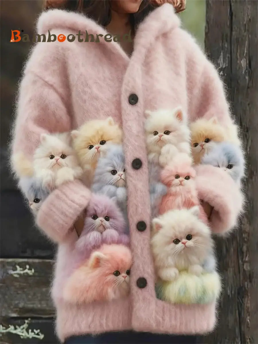 Women’s Animal Cat Print Flannel Warm Jacket Pink / S