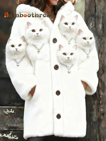 Women’s Animal Cat Print Flannel Warm Jacket White / S