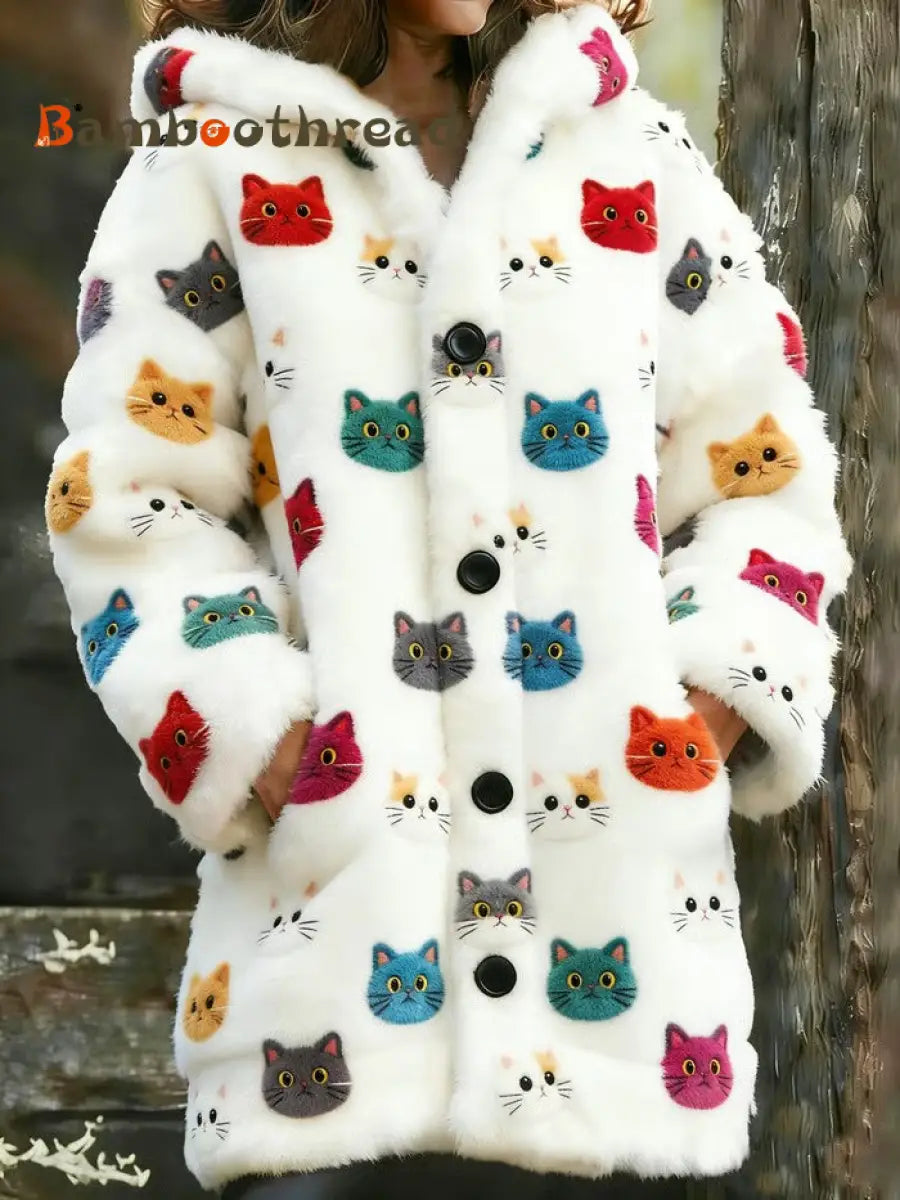 Women’s Animal Cat Print Flannel Warm Jacket White / S