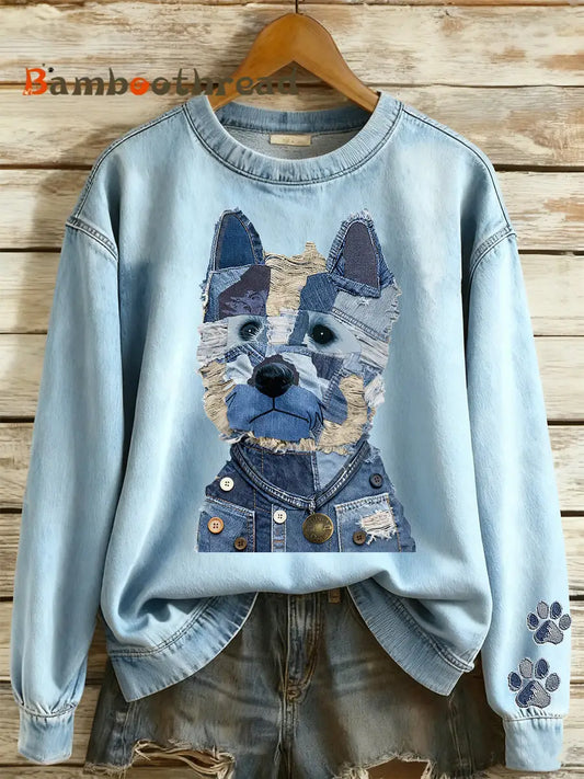 Women’s Animal Cowboy Patchwork Printed Round Neck Long Sleeved Sweatshirt Blue / S