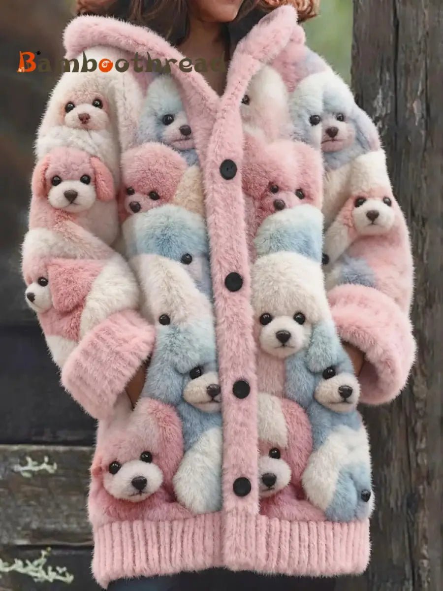 Women’s Animal Dog Print Flannel Warm Jacket As picture / S