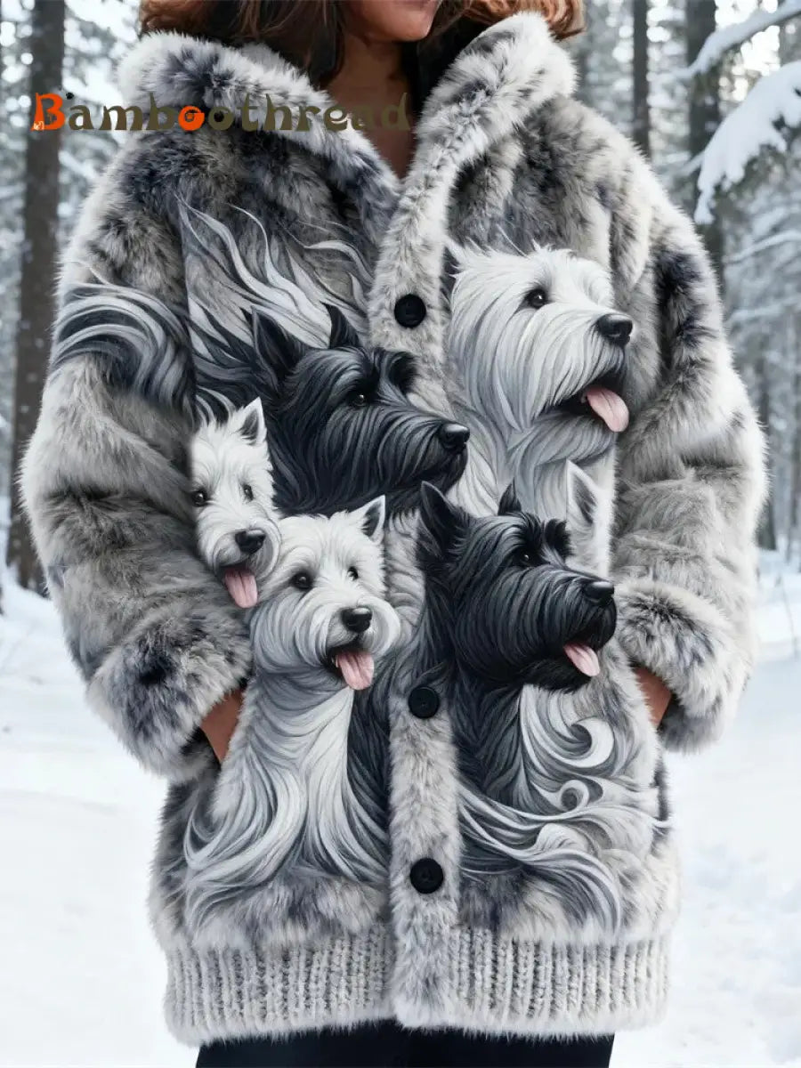 Women’s Animal Dog Print Flannel Warm Jacket As picture / S